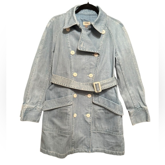 Fossil Jackets & Blazers - Fossil Womens Denim Belted Trench Coat Double Breasted Size Medium